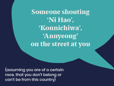 Microagression - Someone showing Ni Hao or Konnichiwa or Annyeong on the street at you (assuming you are of a certain race, that you don't belong, or can't be from this country)